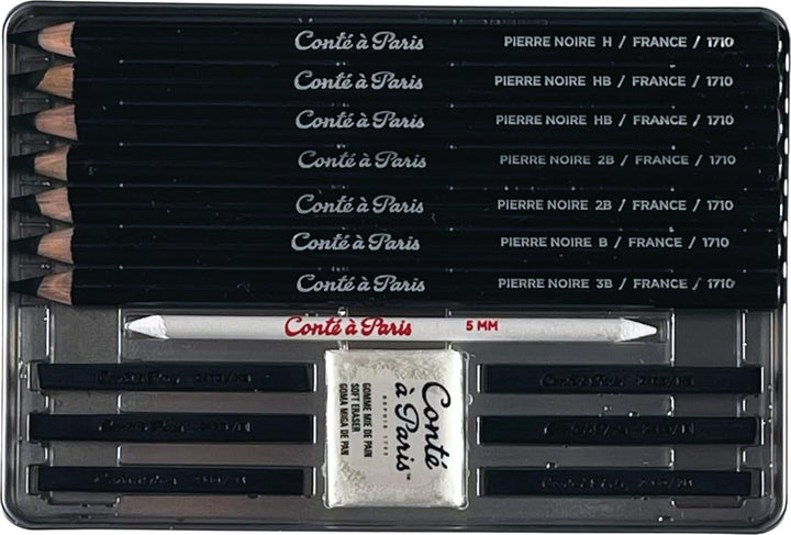 Conté à Paris 750410 Pierre Noire Set in Metallbox - 7 Pierre noir Kreidestifte & 6 Carré Kreiden in