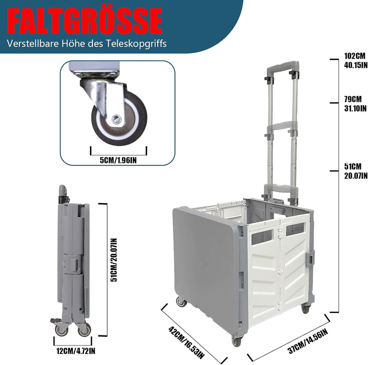 Einkaufstrolley Klappbar Einkaufswagen Metallräder, Transportbox mit 4 Rollen & 1 Teleskopgriff, Tra