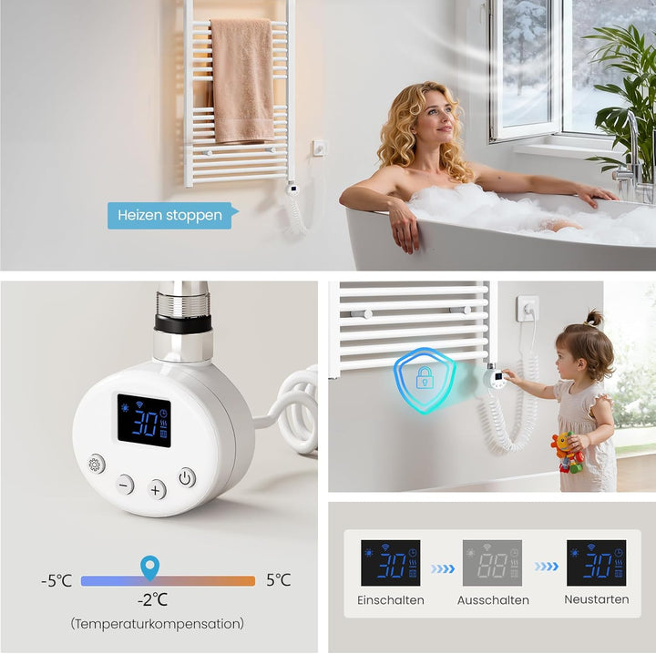 Heilmetz Badheizkörper Elektrisch mit Smart WiFi Heizstab 600W Leistung 1200 x 600 mm Weiss Gerade B