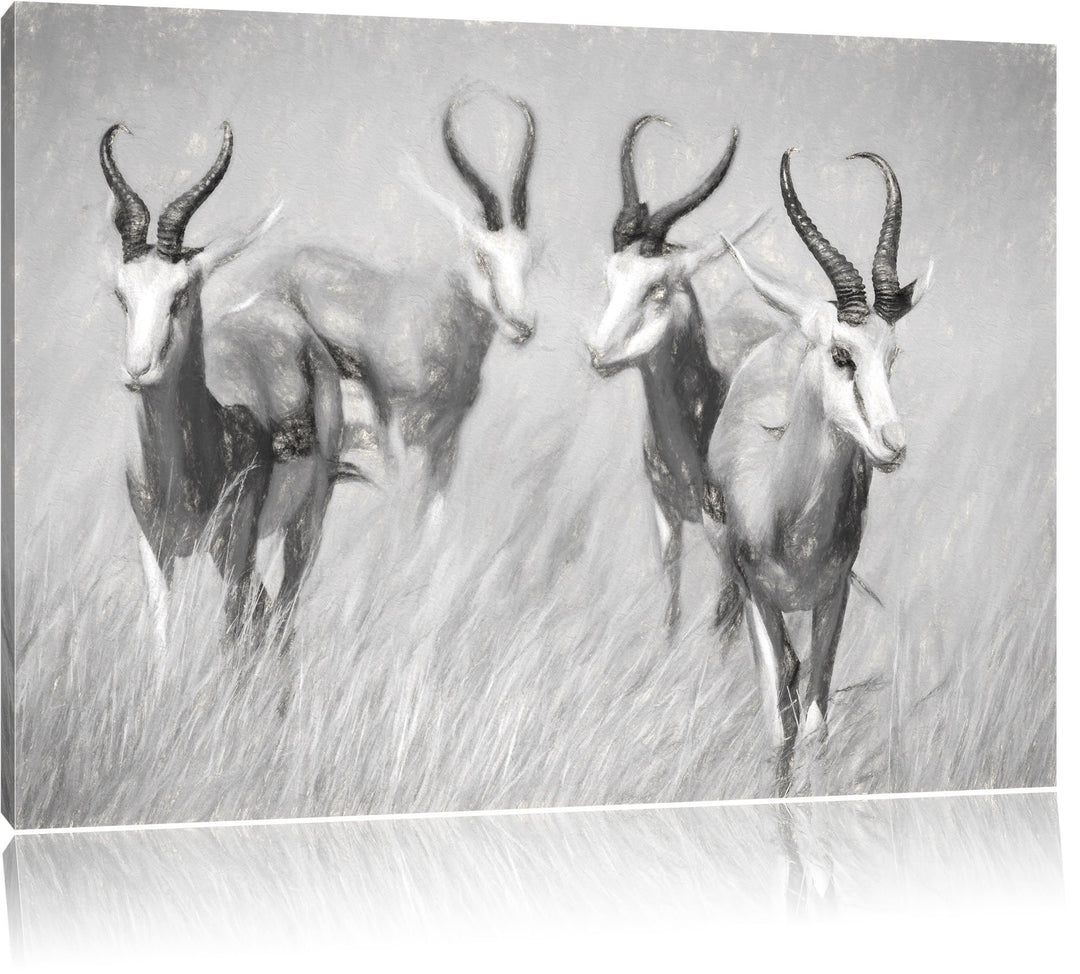 Pixxprint Tiere in Savanne als Leinwandbild/Grösse: 100x70 cm/Wandbild/Kunstdruck/fertig bespannt, 1
