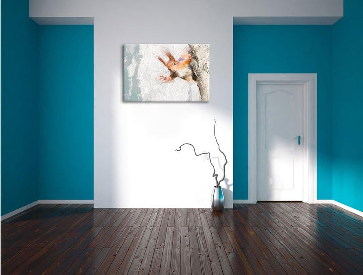 Pixxprint Neugierig rotes Eichhörnchen Kunst Pinsel Effekt, Format: 100x70 auf Leinwand, XXL riesige