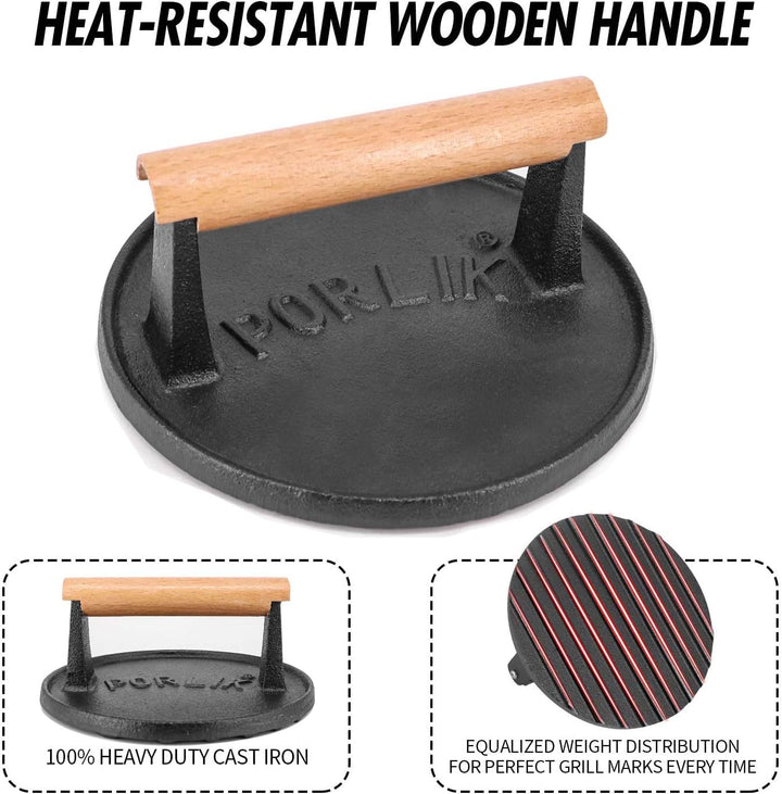 porlik Burgerpresse Gusseisen,Gro?er Burger Smasher (17.7cm) mit hitzeabweisendem Griff,Burger Press