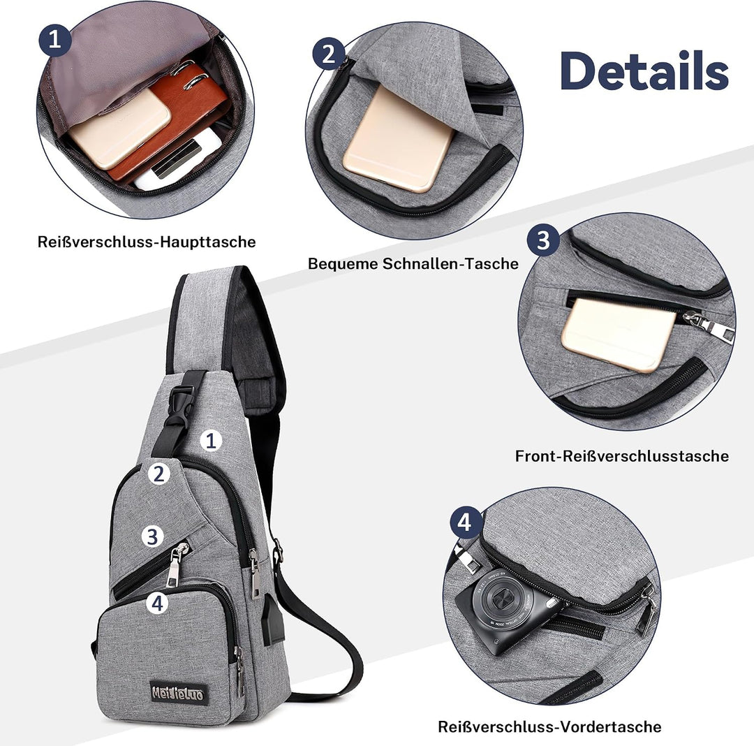 VARLIVOO Herren Sling Bag mit USB Port Crossbody Bag Diebstahlsicherung Schultertaschen Reise Wander