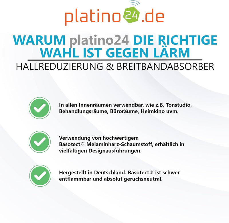 platino24 Schallabsorber aus Basotect G+®, 3 Absorberelemente Rechteck mit Fase, 825x275x50mm, Verbe