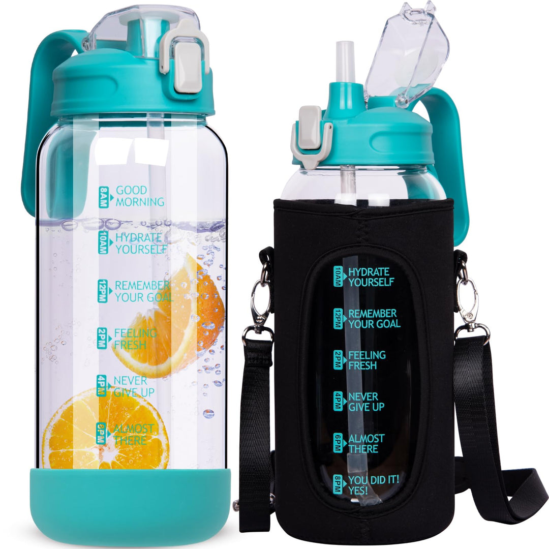 DEARRAY 2l Trinkflasche Glas mit Strohhalm &amp; Zeitmarkierung 2 liter Grosse Motivation Glasflasche mi