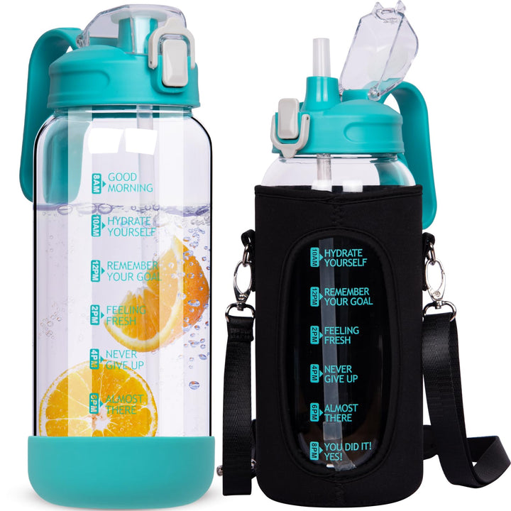 DEARRAY 2l Trinkflasche Glas mit Strohhalm &amp; Zeitmarkierung 2 liter Grosse Motivation Glasflasche mi
