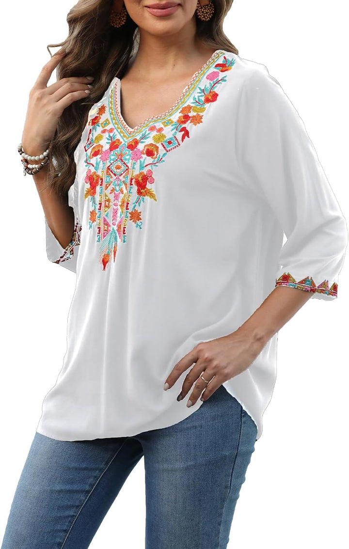 Seasonal Boho Tunika Damen Sommer Mexikanische Blumen Bestickt V-Ausschnitt Top 3/4 Ärmel Hippie Los