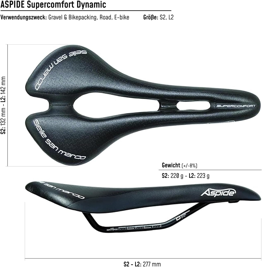 Selle San Marco Sattel ASPIDE SUPERCOMFORT Dynamic Open Fit Narrow Mangan-Streben Schwarz, Schwarz