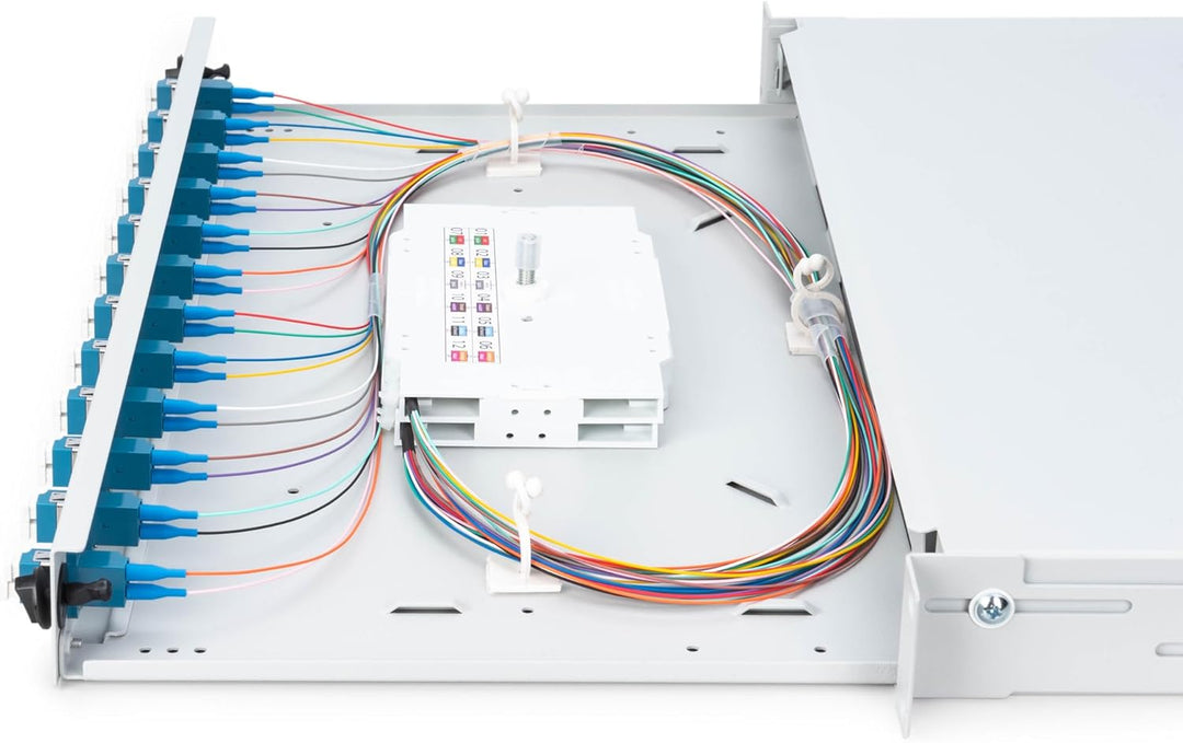 DIGITUS LWL Spleissbox 12 Kupplungen - LC - OS2-1HE 19-Zoll - Single-Mode Duplex - Mit Spleiss-Kasse
