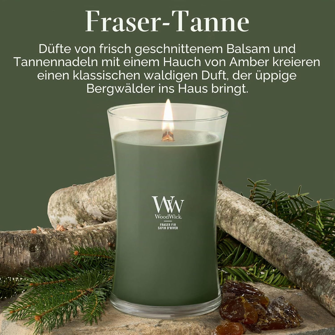 WoodWick Grosse Duftkerze im Sanduhrglas mit knisterndem Docht | Fraser Fir | bis zu 130 Stunden Bre