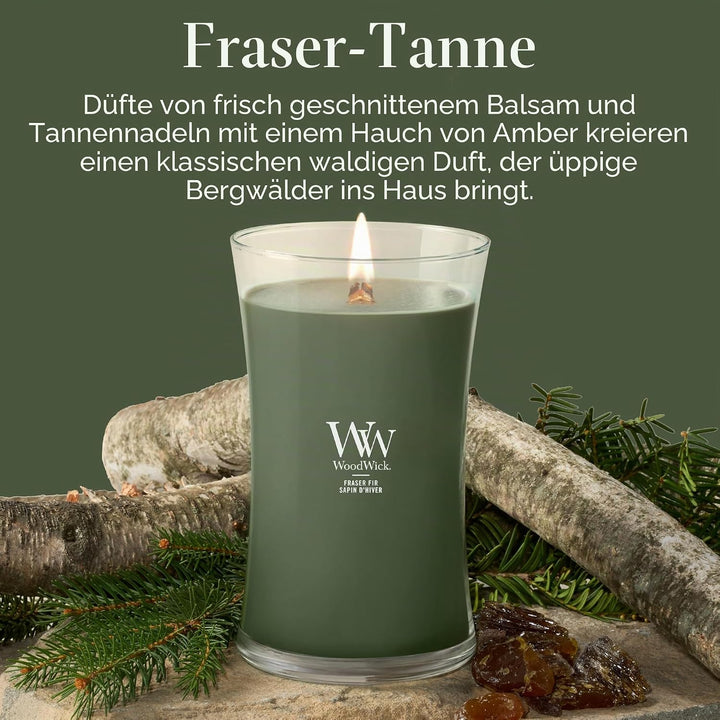 WoodWick Grosse Duftkerze im Sanduhrglas mit knisterndem Docht | Fraser Fir | bis zu 130 Stunden Bre