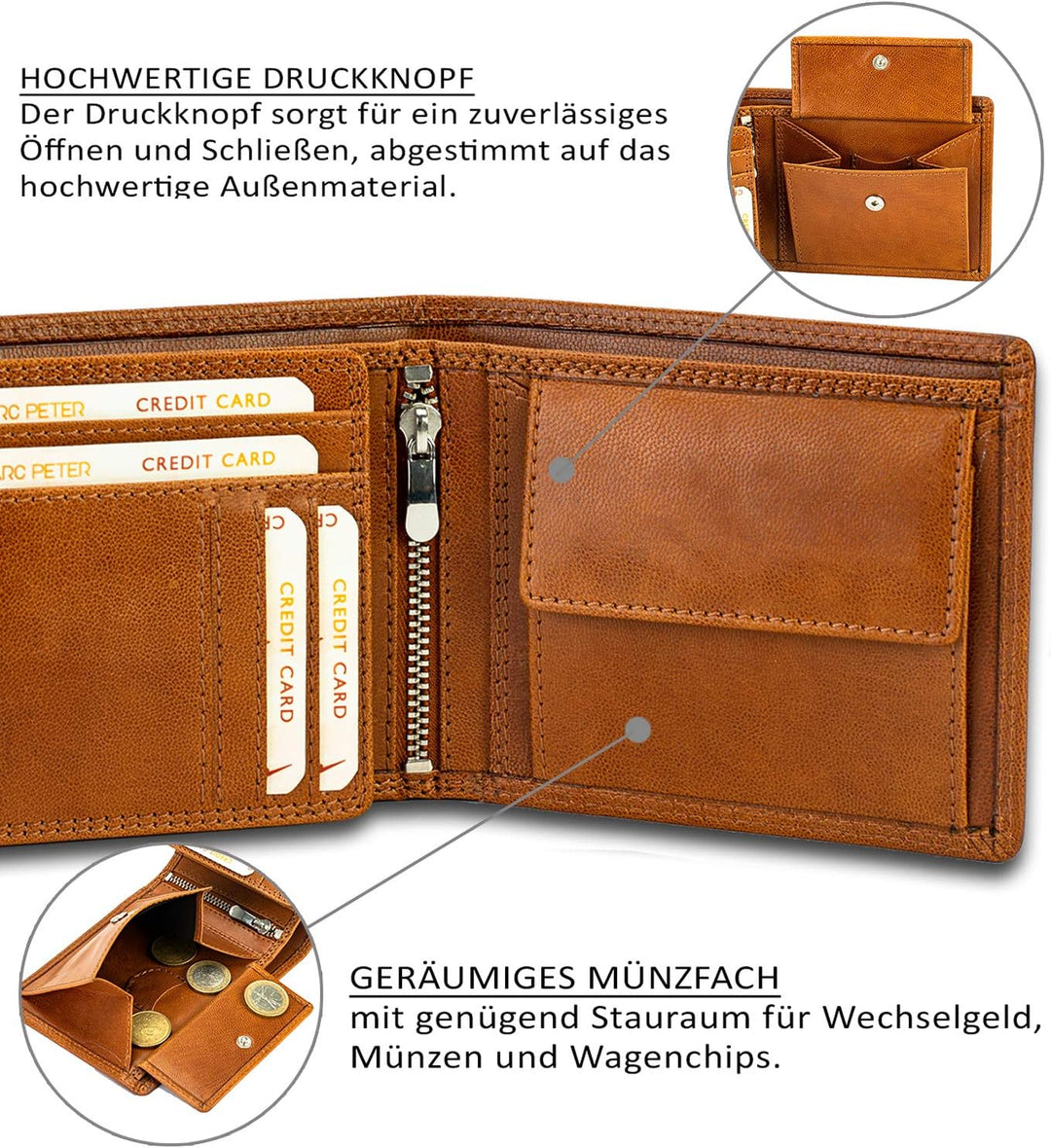 Marc Peter® Echt-Leder Geldbörse Hanover | Geldbeutel für Herren mit RFID-Schutz | Gross 10 Fächer P