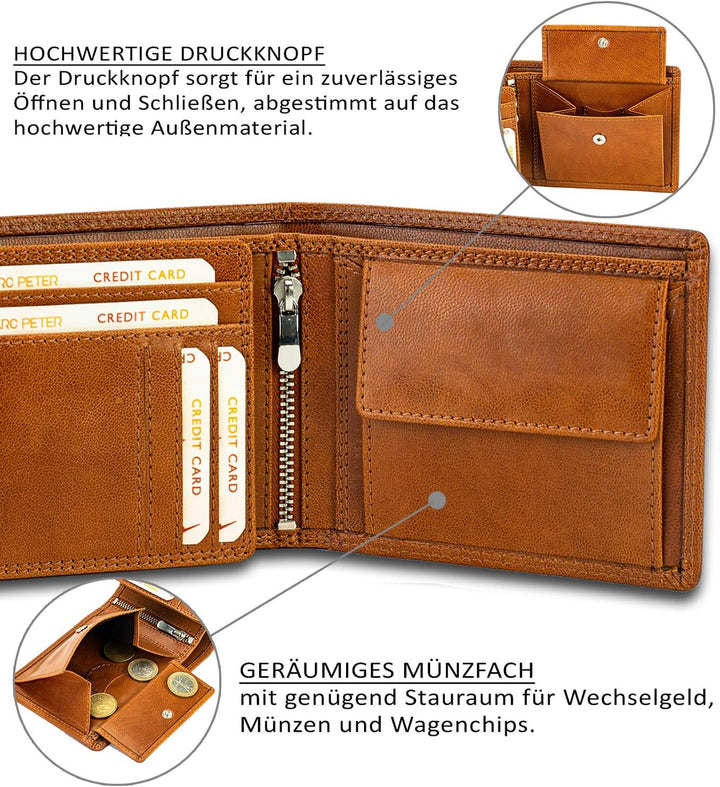 Marc Peter® Echt-Leder Geldbörse Hanover | Geldbeutel für Herren mit RFID-Schutz | Gross 10 Fächer P