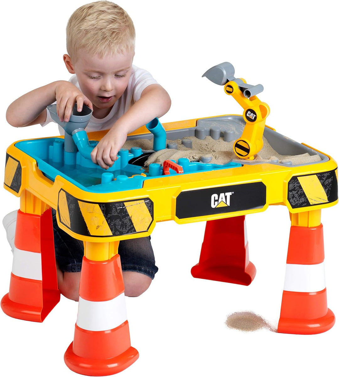 Theo Klein 3237 CAT® Sand- und Wasserspieltisch | Mit Baggerarm, Kipper, 2 Rohren, Stoppern und entn
