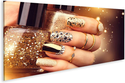 Bild auf Leinwand Goldene Maniküre Mit Edelsteinen Und Funkelt Eine Flasche Nagellack Trendige Acces