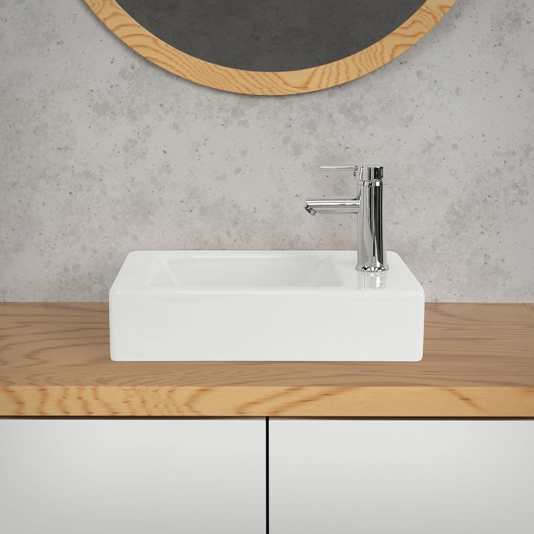 ML-Design Waschbecken aus Keramik in Weiss 46x26x11 cm, Eckig, klein, Hahnloch rechts, Wandmontage o