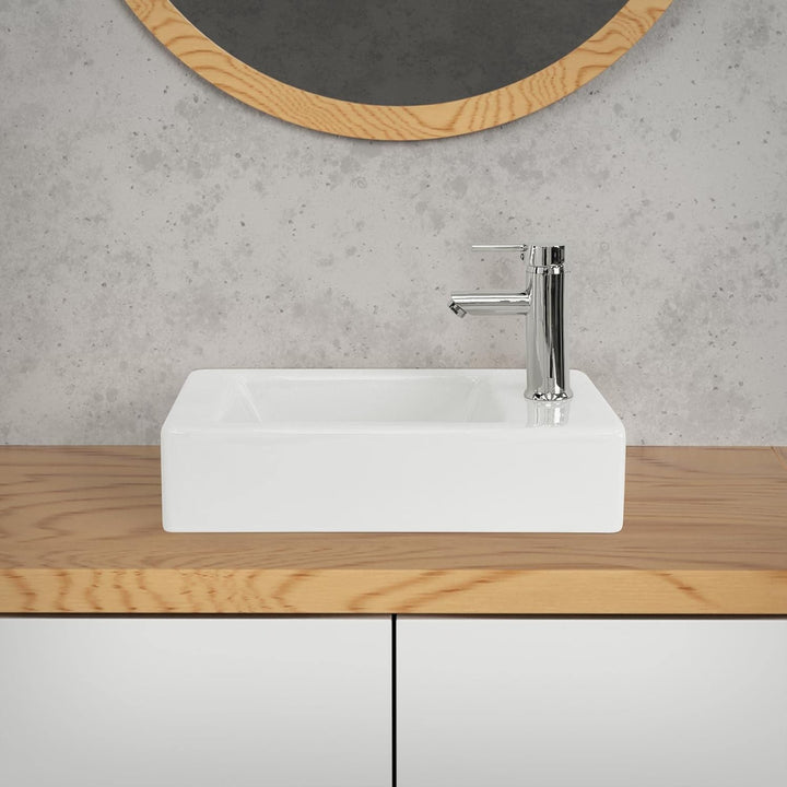 ML-Design Waschbecken aus Keramik in Weiss 46x26x11 cm, Eckig, klein, Hahnloch rechts, Wandmontage o