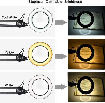 Beyamz LED Lupenleuchte, Arbeitsplatzlampe, 5 Dioptrien Lupe mit Licht - mit Klemme, Schwenkarm, Dim