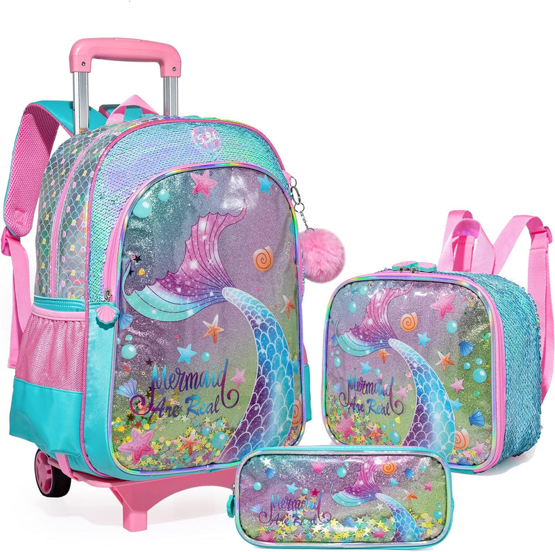 HTgroce Meerjungfrau Schulranzen Trolley Mädchen Kindertrolley Niedlich Rucksack 2 in 1 Kinderkoffer