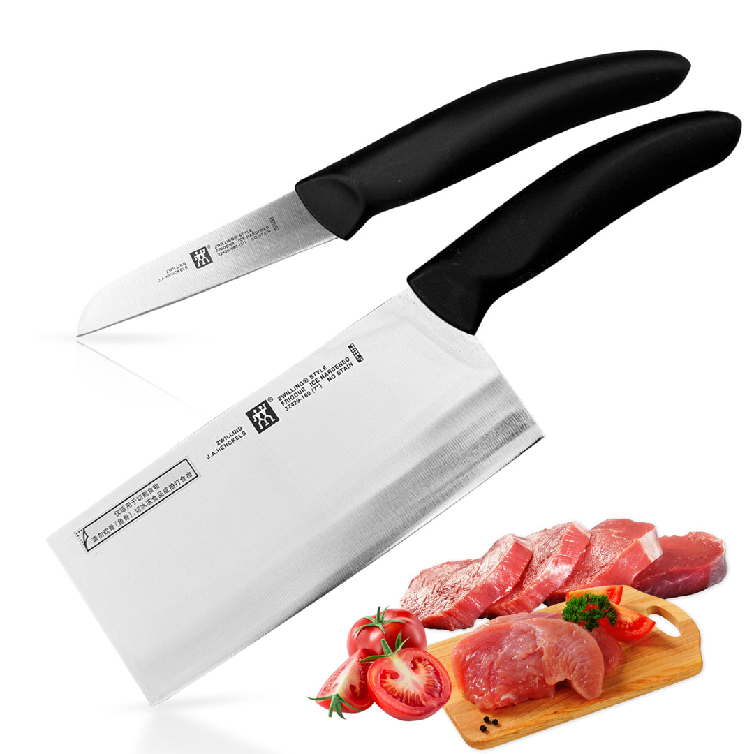 Zwilling Style Messerset 2 tlg Hackmesser 180mm + Gemüsemesser 8cm, Chinesisches Kochmesser, Breites