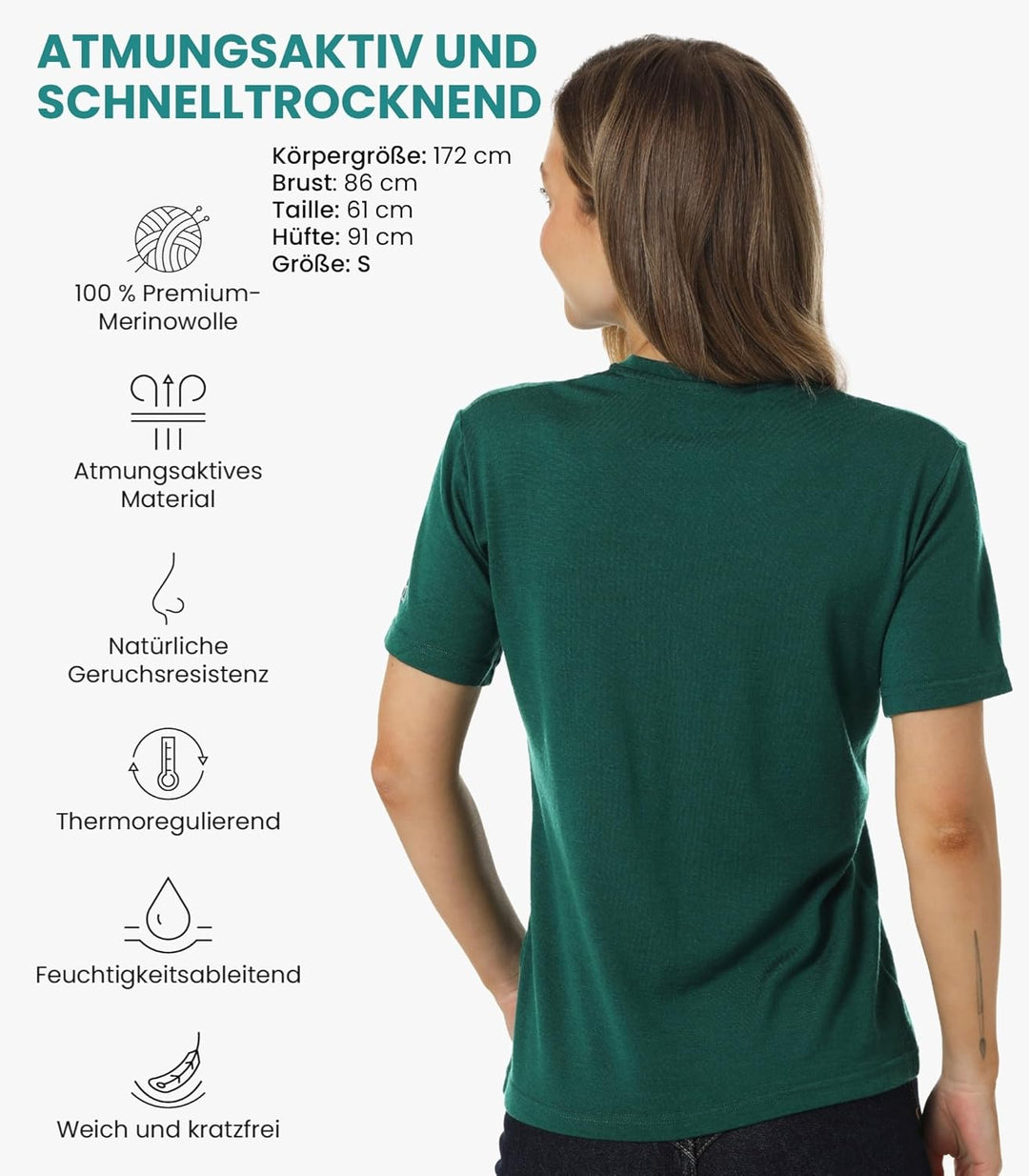 Merino.tech 100% Merino T Shirt Damen - Merinowolle Sport Wandern Thermoshirt Damen + Wandersocken F