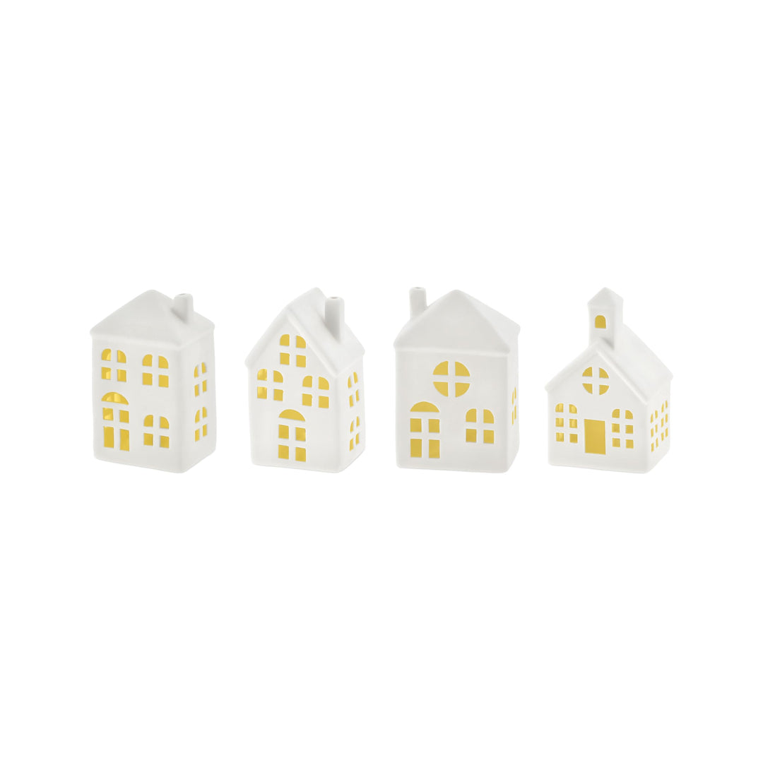 LED Keramik Haus weiss 11 cm - 4er Set - Deko Weihnachtsdorf mit Beleuchtung in warm weiss - Weihnac