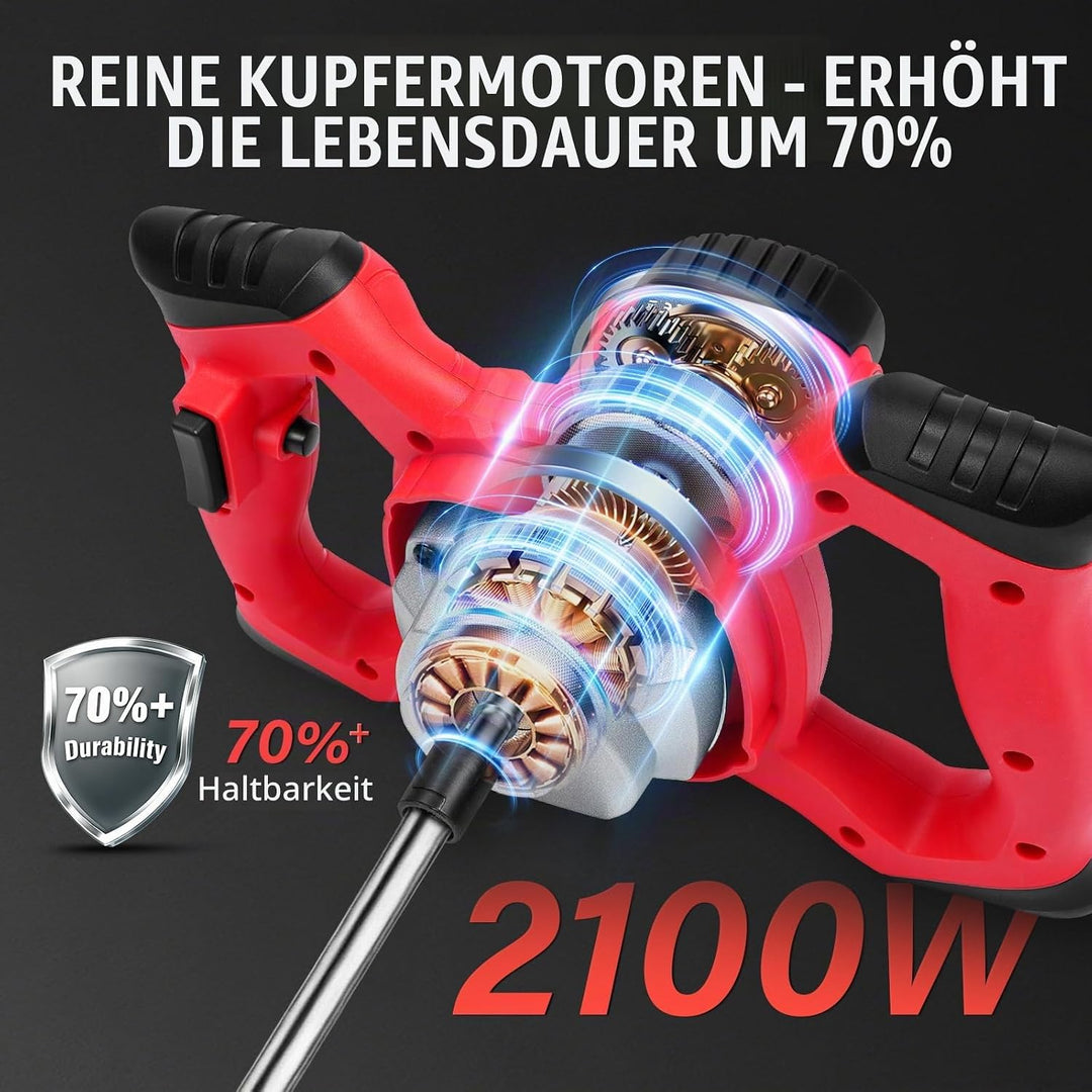 Anbull 2100W Rührwerk betonrührer,6-Gang-Getriebe 0-930U/min betonmischer, M14 Chrom Spiralstange 60