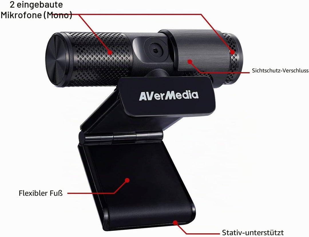 AVerMedia Live Streamer Webcam PW313, Sichtschutzverschluss, FHD 1080p-Videoanruf und -Aufnahme, Plu