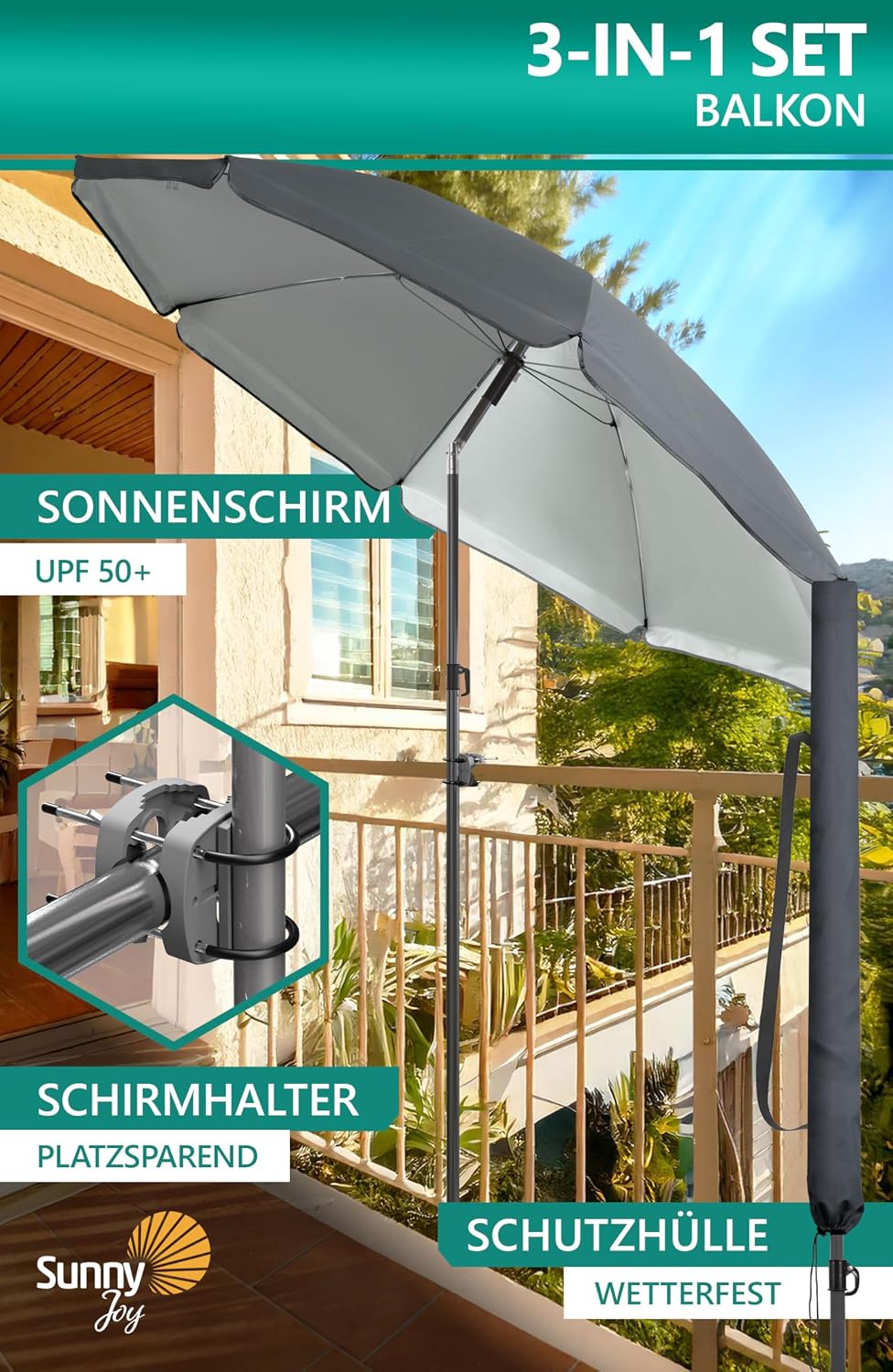 4smile Sonnenschirm Balkon SunnyJoy Ø 180 cm, 3-IN-1 Set - UPF 50+ Balkon Schirm + Sonnenschirmhalte
