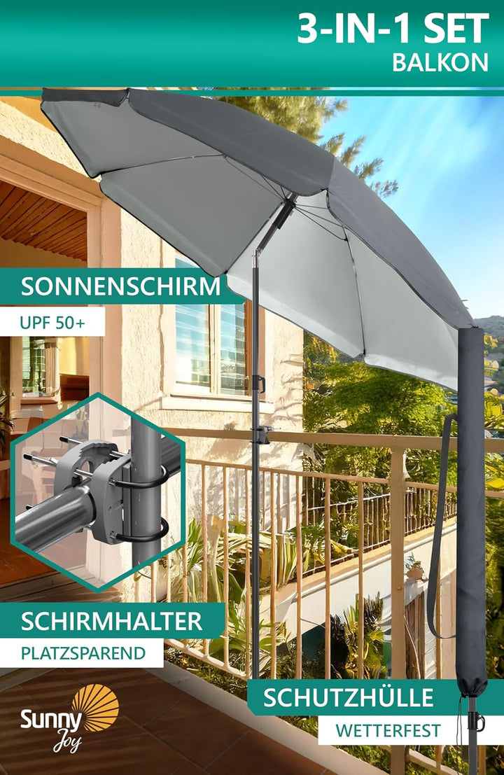 4smile Sonnenschirm Balkon SunnyJoy Ø 180 cm, 3-IN-1 Set - UPF 50+ Balkon Schirm + Sonnenschirmhalte
