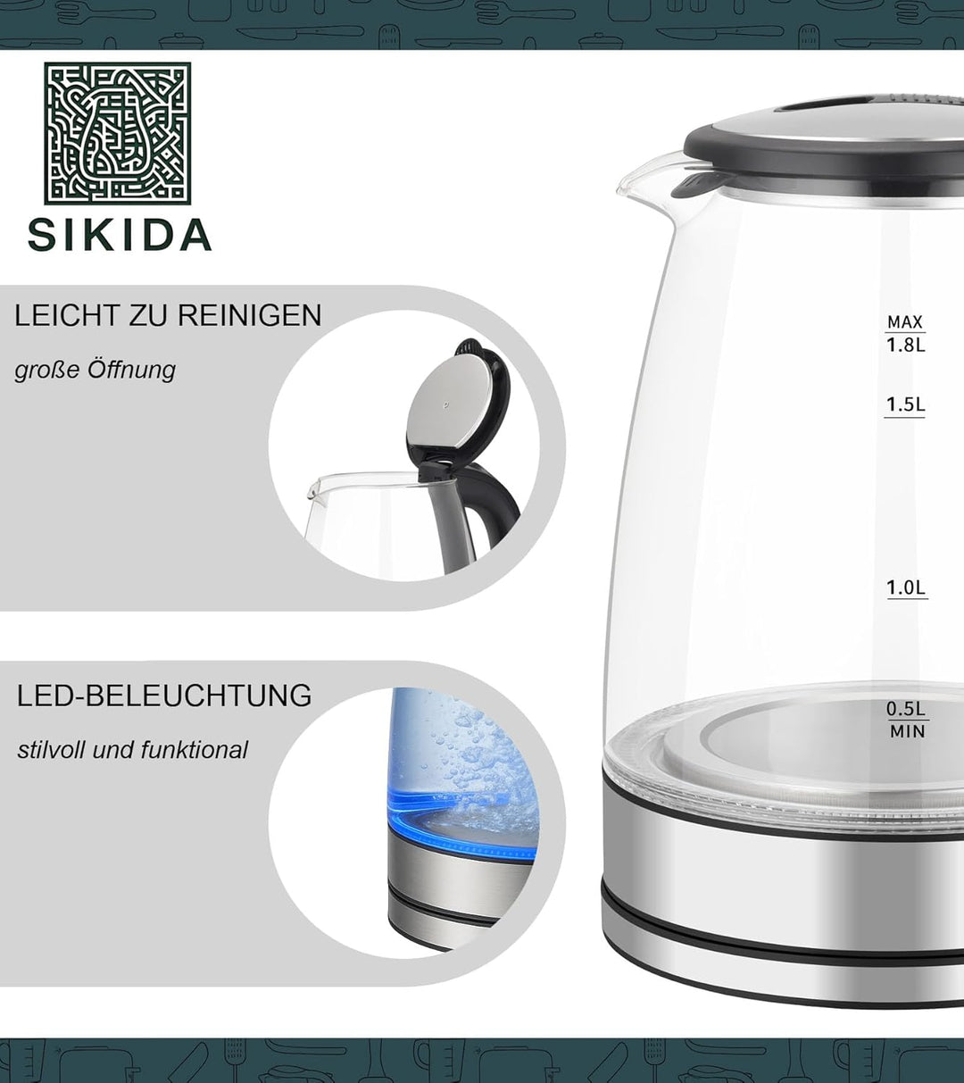 Glas Wasserkocher 1,8L - sehr leise - zertifiziert BPA-frei, 360° drehbare Basis, LED-Beleuchtung, B