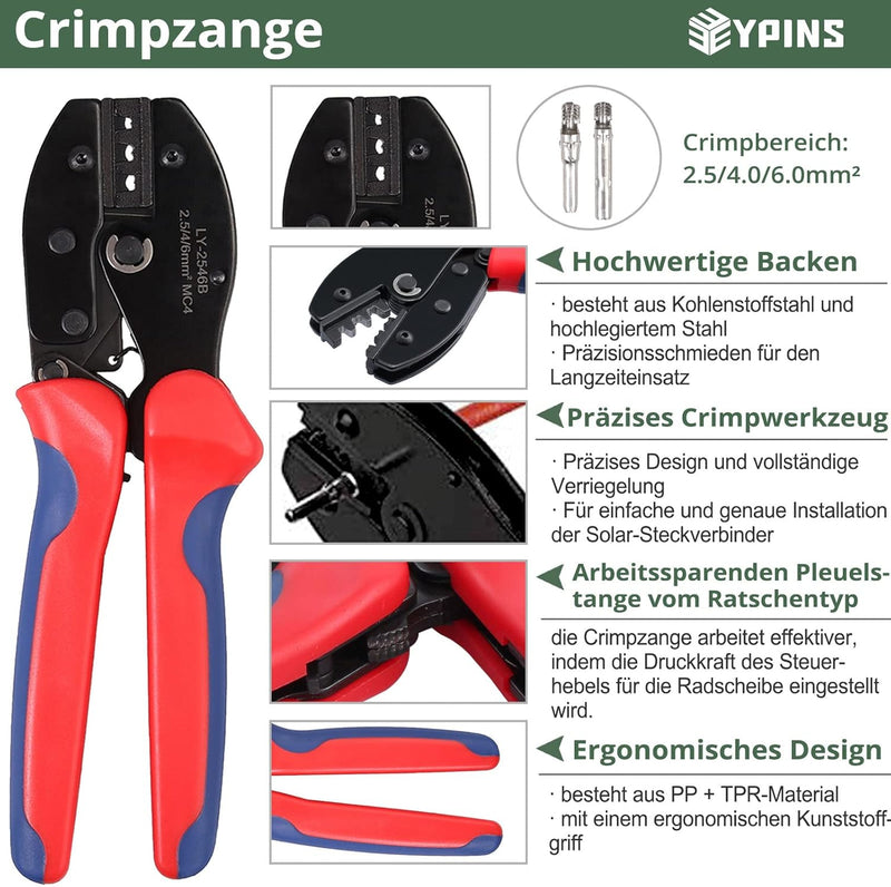 EYPINS Solar Abisolierzange Crimpzange Set, Crimpwerkzeuge + 10 Paar Männlich/Weiblich Solarpanel Ka