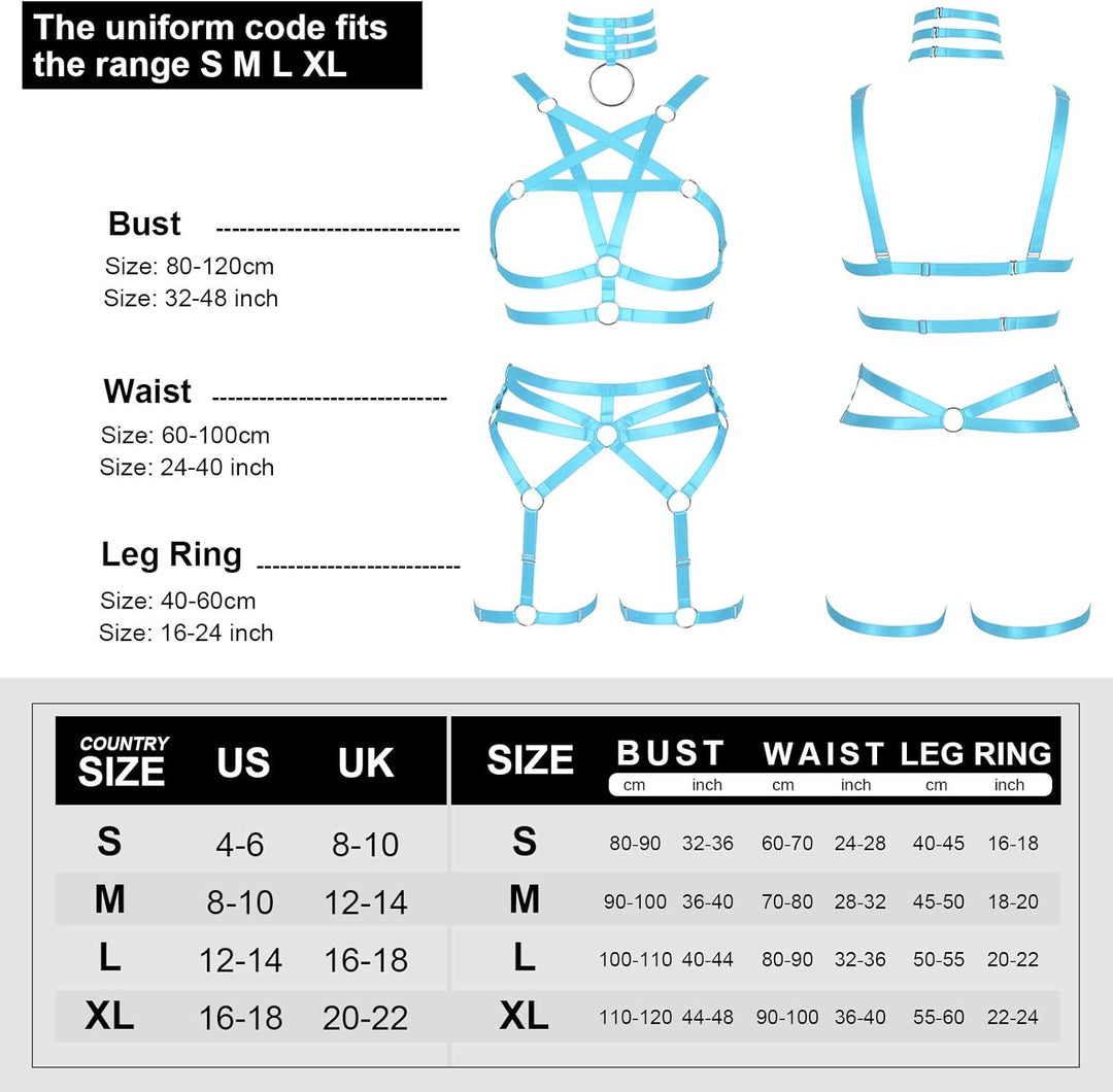 Damen Body Harness Pentagramm BH Set Punk Strumpfband Bein Taille Tanz Elastic Gothic Carnival Zubeh
