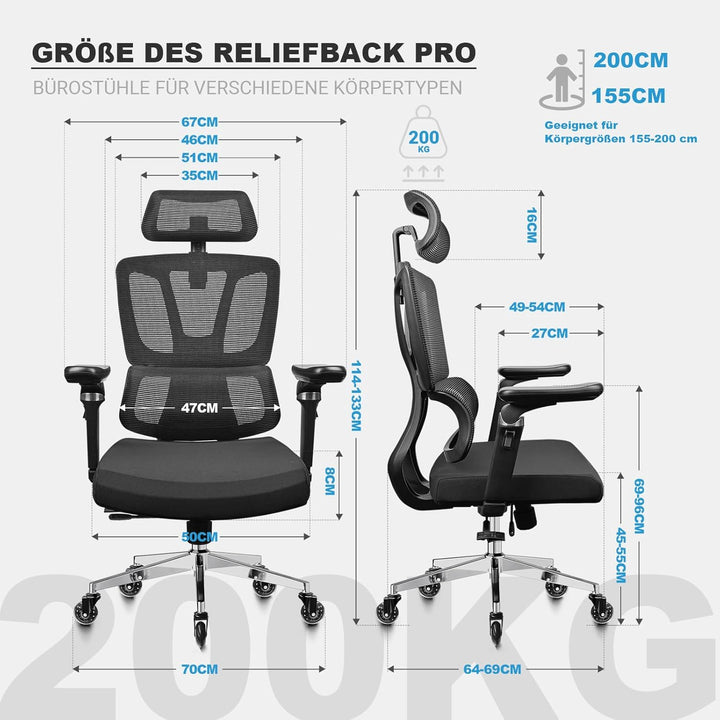 MELOKEA Bürostuhl Ergonomisch, 7D-Armlehnen, Verstellbare Sitztiefe, 4-Stufen Neigung, Gummirollen,