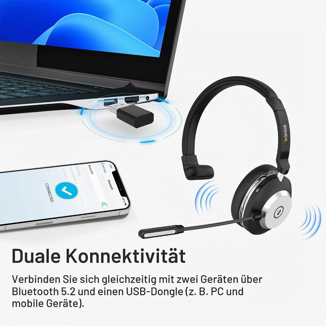 Wantek Kabelloses Headset, Bluetooth Kopfhörer mit Mikrofon Rauschunterdrückung &amp; USB-Dongle, Kabell