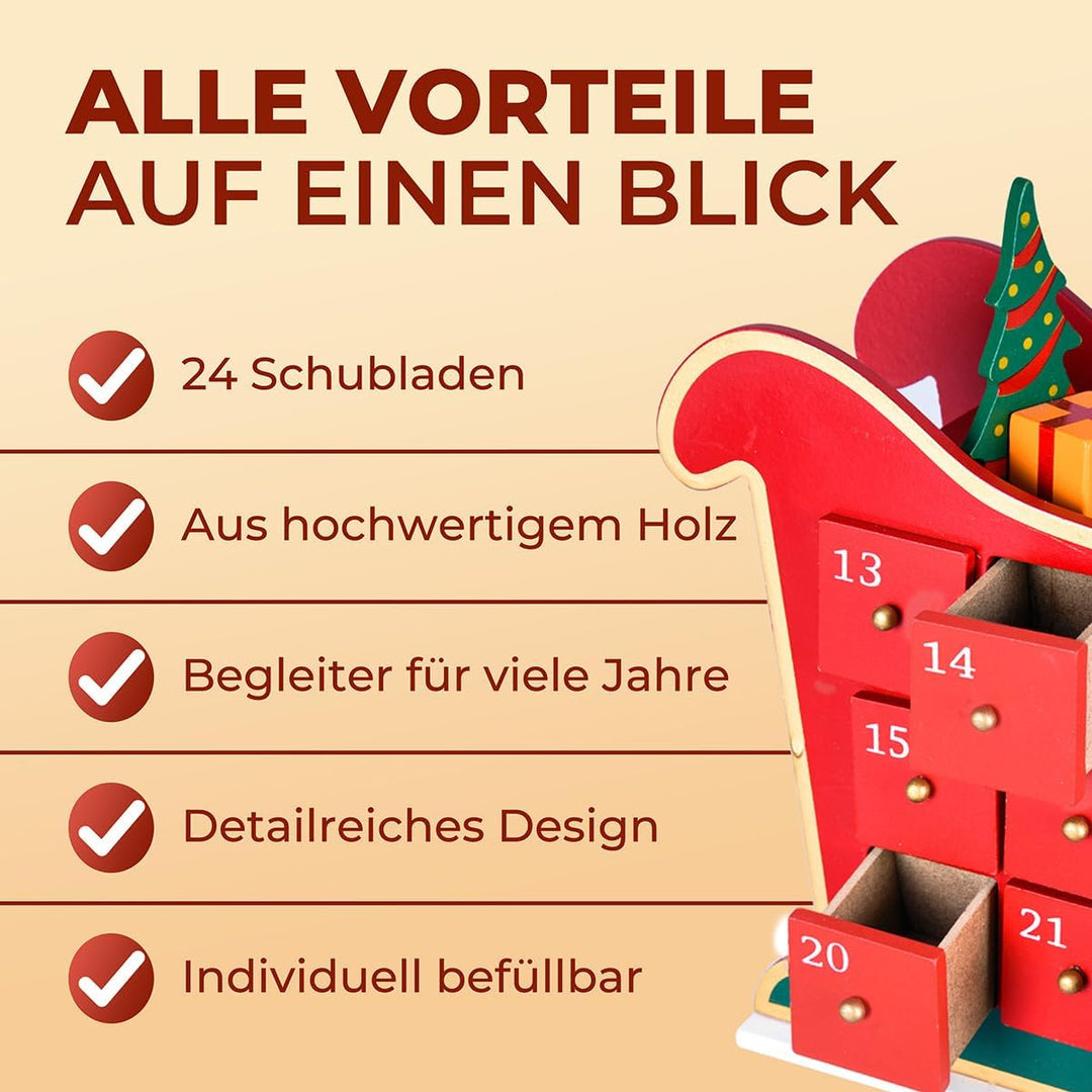 Spielwerk® Wiederverwendbarer Adventskalender Schlitten zum Befüllen 24 Türchen Bunt Bemalt Weihnach