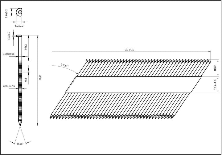 34° Halbkopf-Streifennägel - 2,8X65mm, 4.000 stück, Nägel für Druckluft-Nagler, D-Kopf, Ring/Verzink