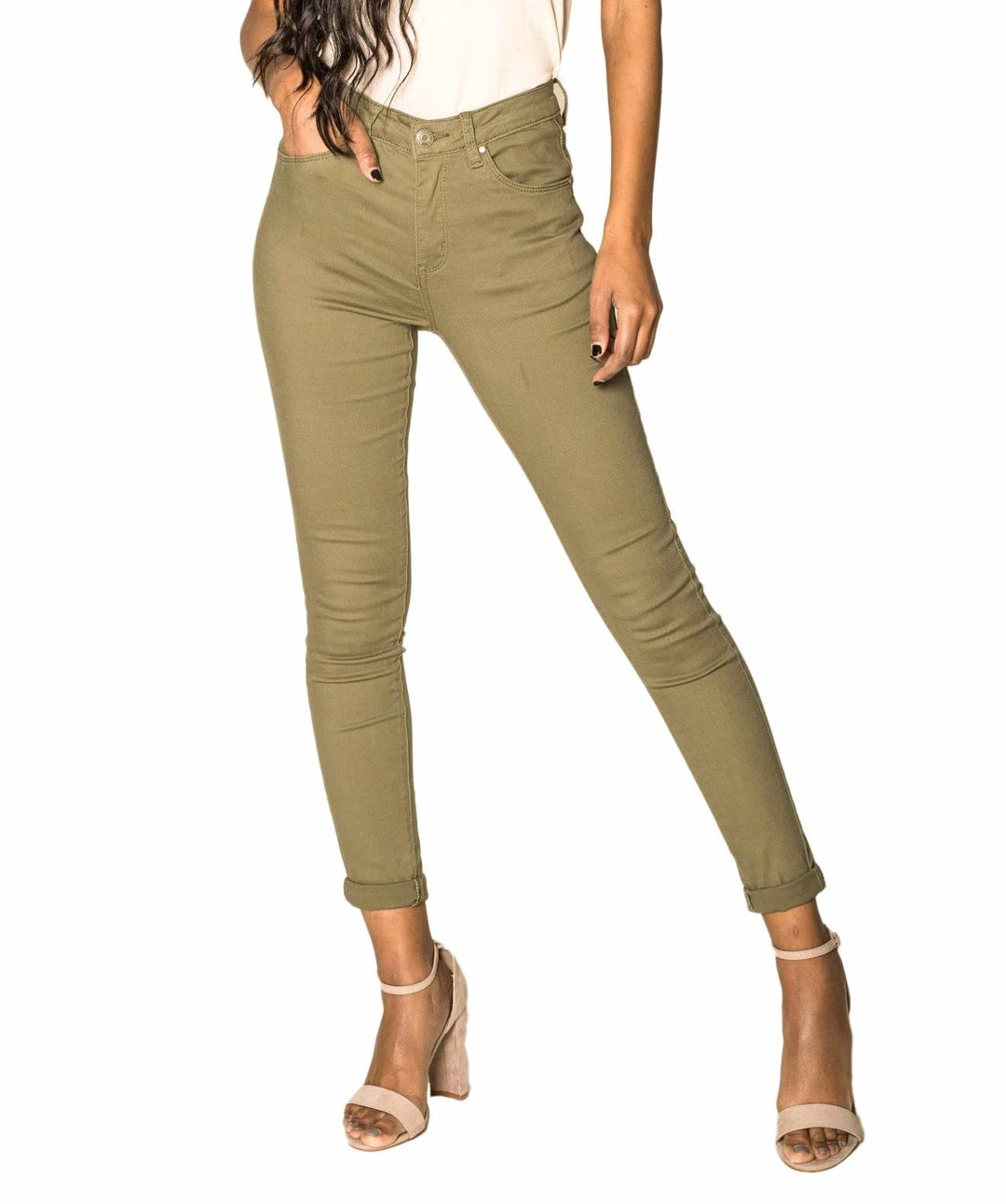 Nina Carter P109 Damen Skinny Fit Jeans High Waist Slim Hose Figurbetonte Stretch Jeanshose S Khaki