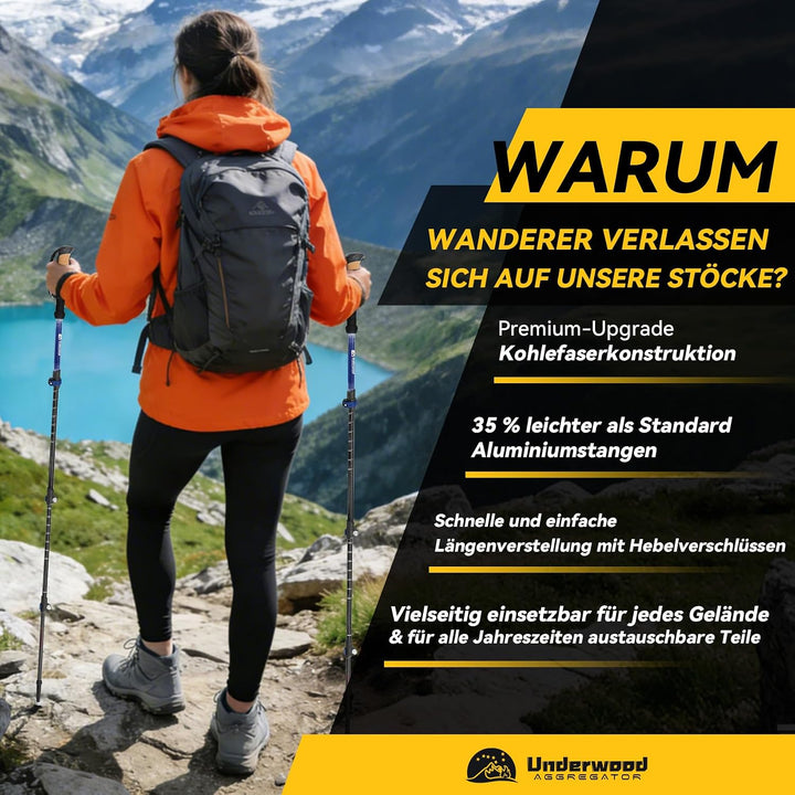 UnderwoodAggregator Carbon Trekkingstöcke – 2 Stück, teleskopierbar, verstellbar, mit Korkgriffen un