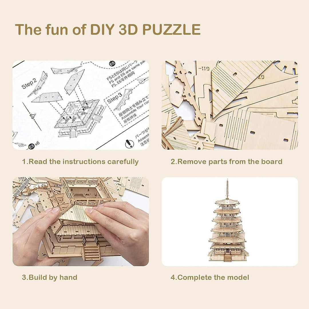 ROBOTIME 3D Puzzles Holz Mechanischer Modellbausätze DIY Fünfstöckige Pagode Bastelsets Kreative Puz