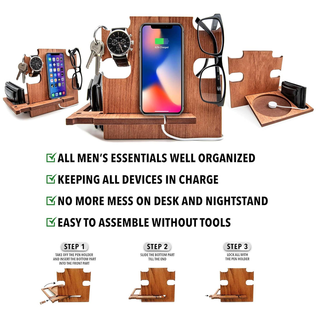 Dockingstation aus Holz, Idee für Männer, Smartphone-Ständer - Nachttischhalter für Ihn, Desk Organi