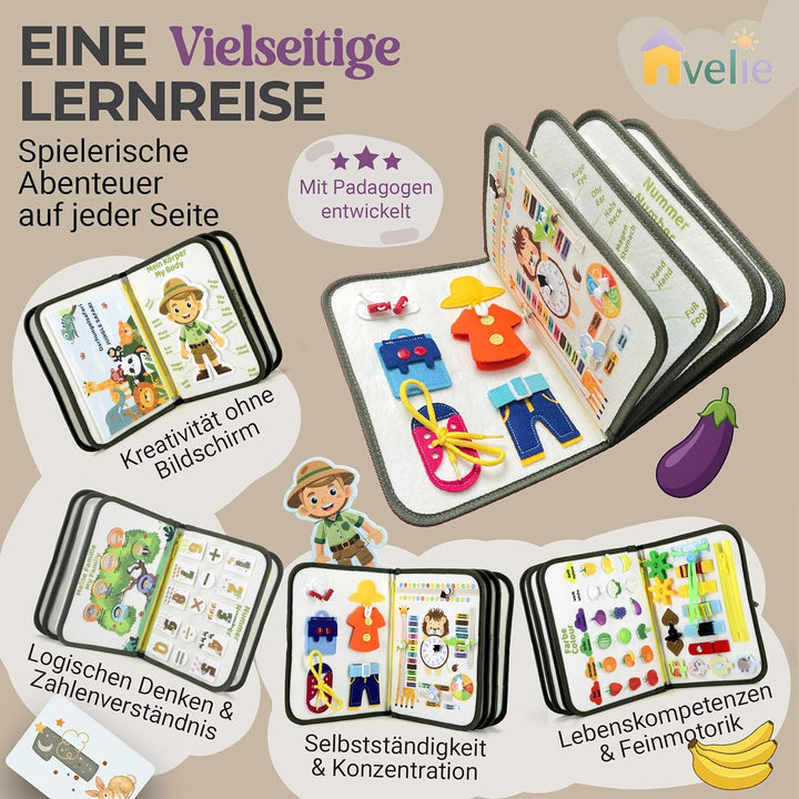 Avelie Montessori Busy Board mit Schultergurt – Filz Motorikspielzeug ab 3 Jahren – Deutsche & Engli