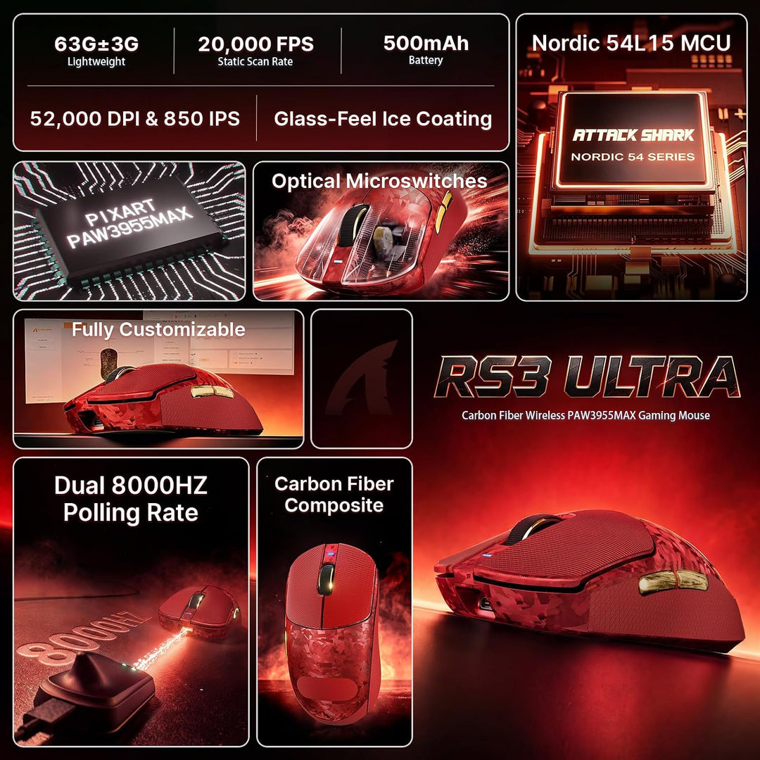 ATTACK SHARK RS3 Ultra Kabellose Gaming Maus, PAW3955MAX Sensor, Nordic 54L15 Chip, Kohlefaser, 8K P