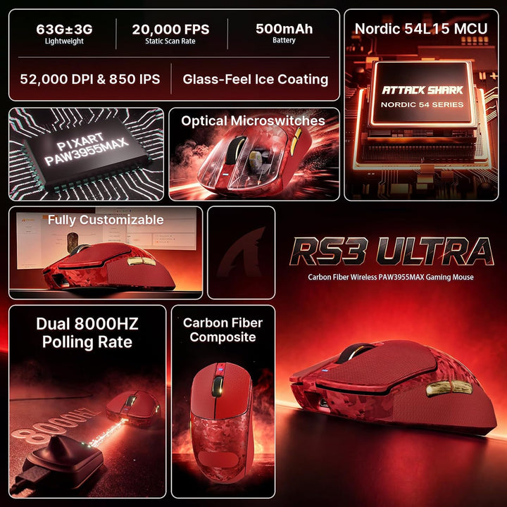 ATTACK SHARK RS3 Ultra Kabellose Gaming Maus, PAW3955MAX Sensor, Nordic 54L15 Chip, Kohlefaser, 8K P