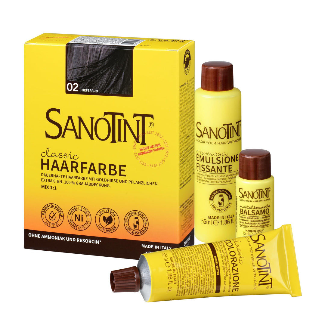 Sanotint - Haarfarbe Nr. 02 „Tiefbraun“ - 1x 125 ml - Naturnahe Haarfarbe mit wertvollen pflanzliche