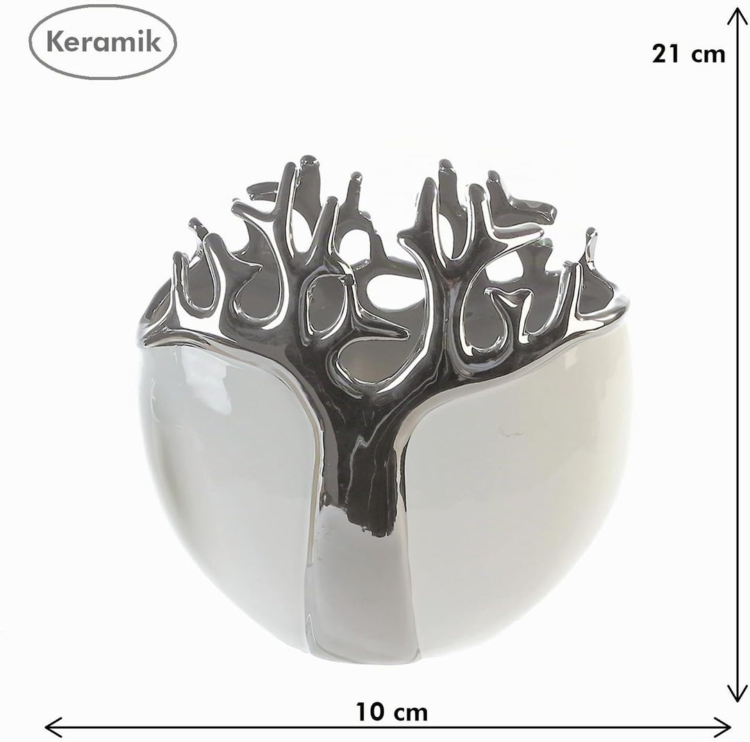 GILDE - Vase Tree - Keramik - weiss mit silbernem Baumdesign - Dekovase - Höhe 21 cm