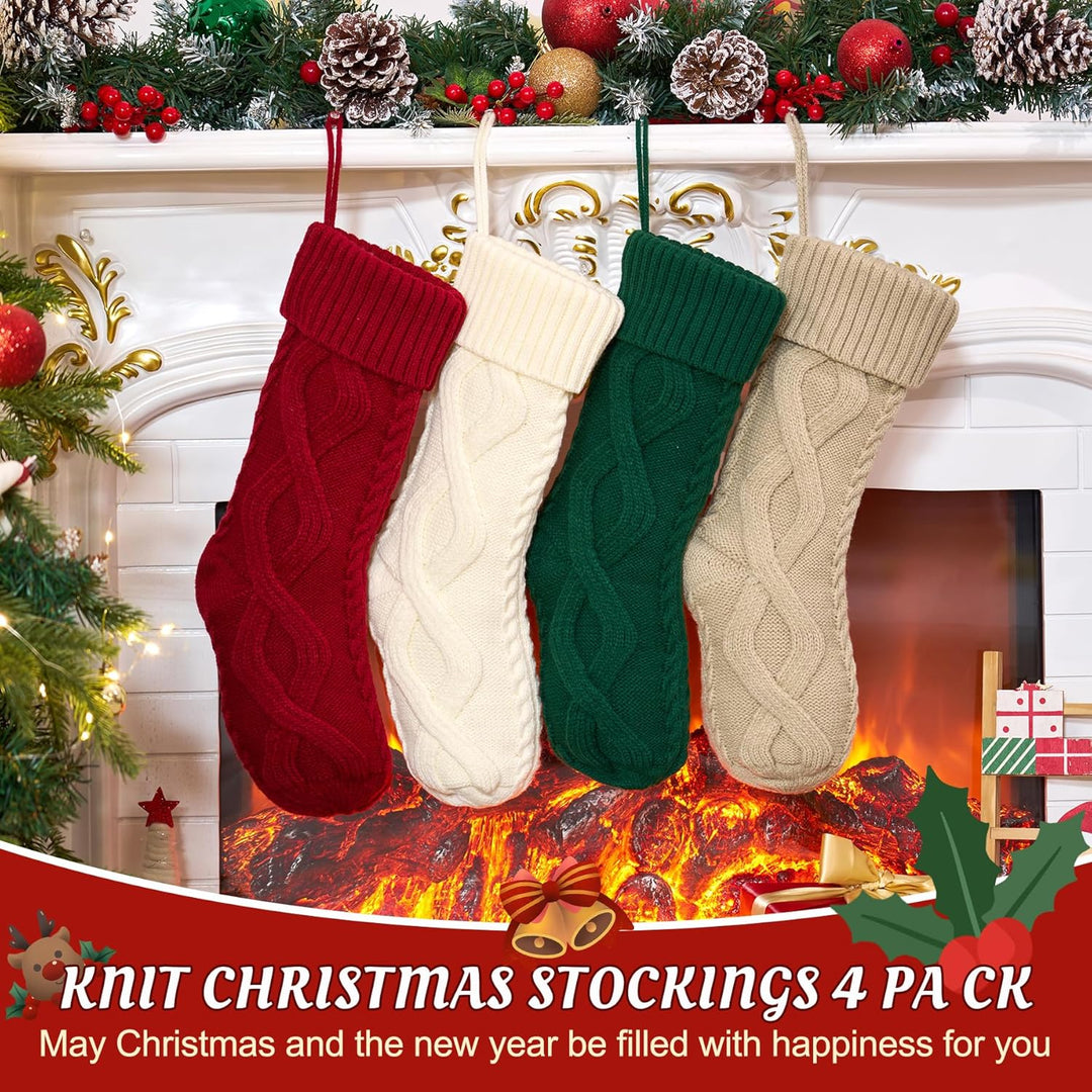 Weihnachtsstrümpfe, 4 Stück, gestrickt, Burgunderrot, Grün, Familien-Ornament, Strümpfe, Kamin, Weih