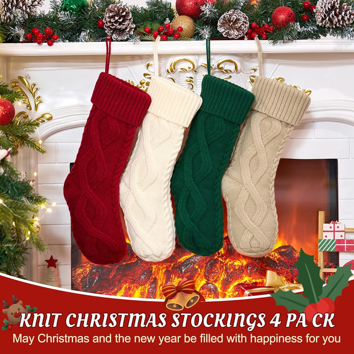 Weihnachtsstrümpfe, 4 Stück, gestrickt, Burgunderrot, Grün, Familien-Ornament, Strümpfe, Kamin, Weih