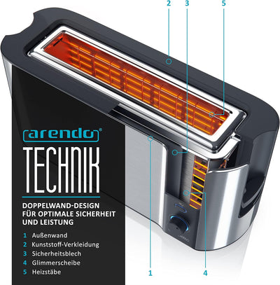 Arendo - Automatik Toaster Langschlitz - mit Defrost Funktion - warmhaltende Doppelwandkonstruktion