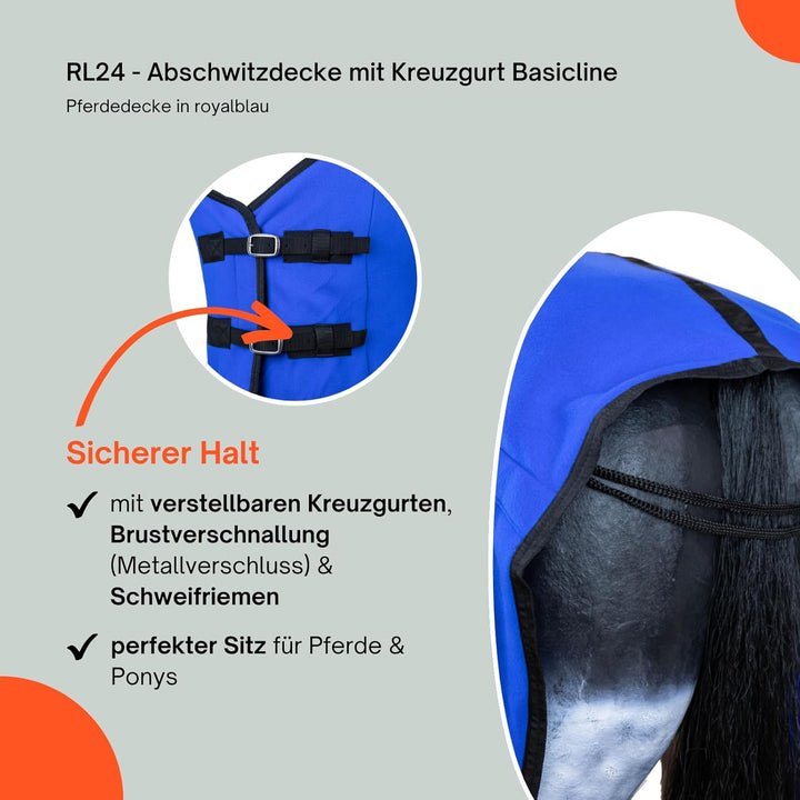 RL24 - Abschwitzdecke BASICLINE mit Kreuzgurt fürs Pferd ist atmungsaktiv Fleecedecke Transportdecke